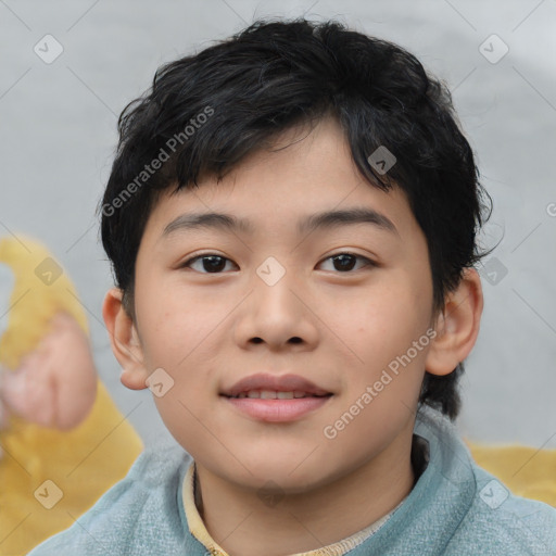 Joyful asian child male with short  brown hair and brown eyes