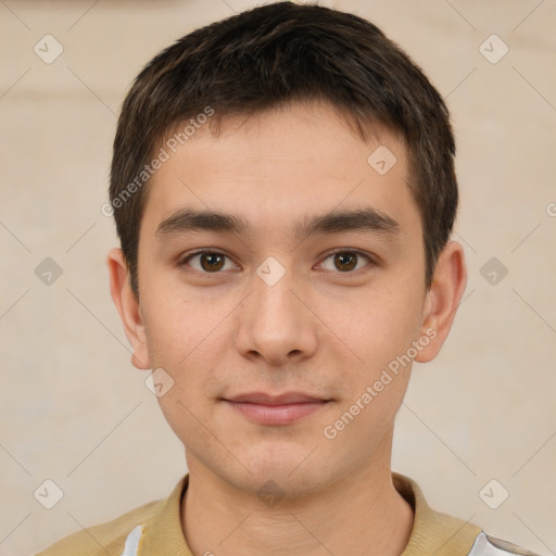 Neutral white young-adult male with short  brown hair and brown eyes