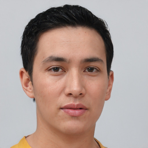 Neutral white young-adult male with short  black hair and brown eyes