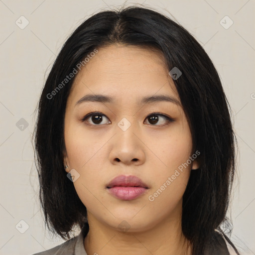 Neutral asian young-adult female with medium  black hair and brown eyes