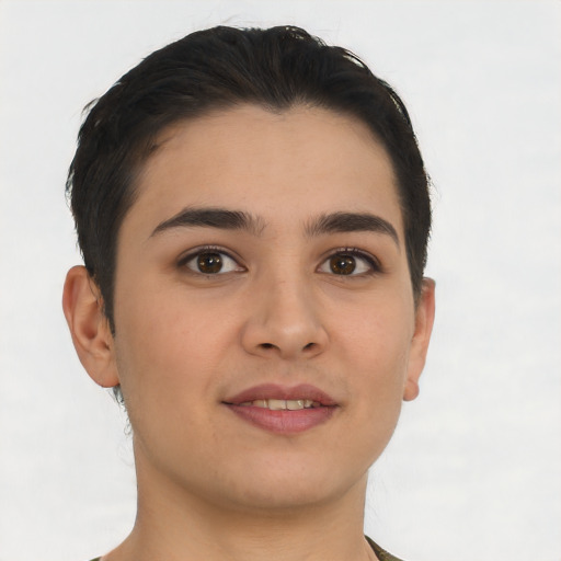 Joyful asian young-adult female with short  brown hair and brown eyes