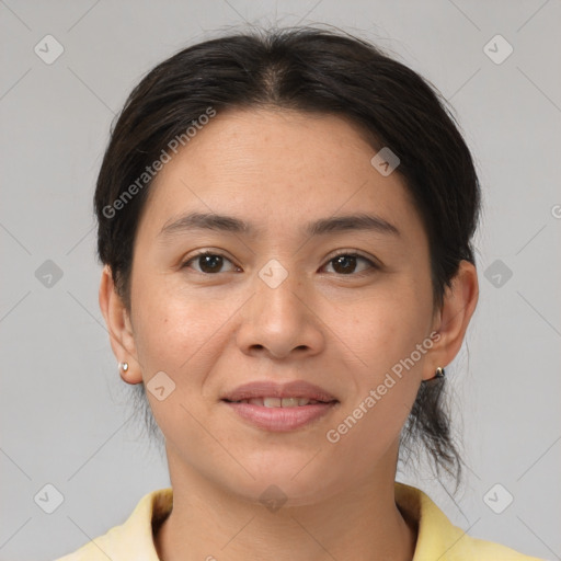 Joyful white young-adult female with medium  brown hair and brown eyes