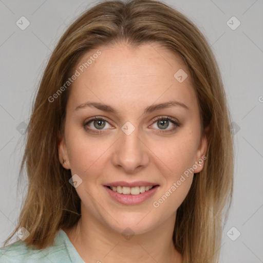 Joyful white young-adult female with medium  brown hair and green eyes