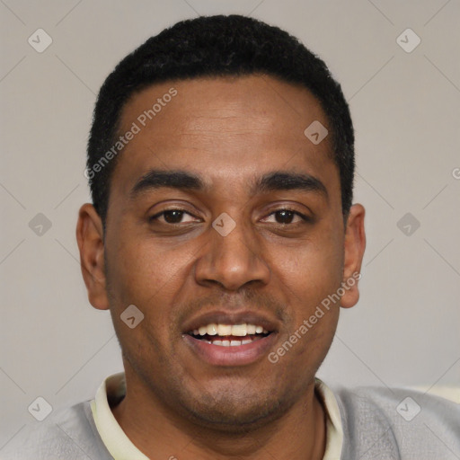 Joyful black young-adult male with short  black hair and brown eyes