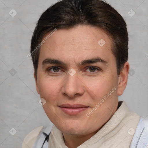 Joyful white adult female with short  brown hair and brown eyes