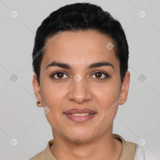 Joyful latino young-adult female with short  black hair and brown eyes