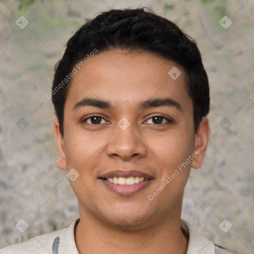 Joyful latino young-adult male with short  black hair and brown eyes