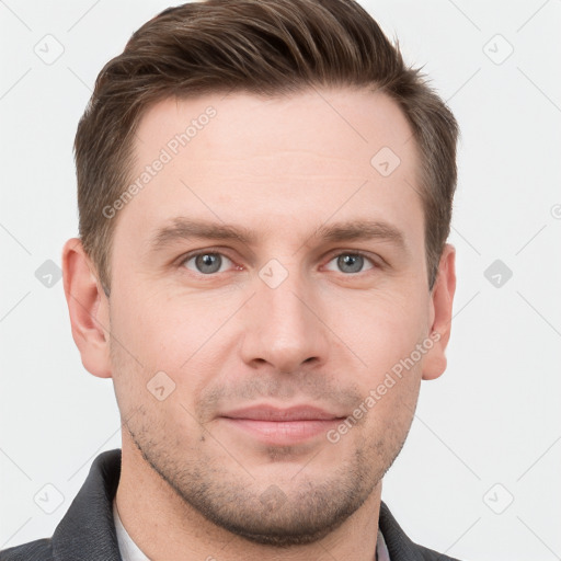 Neutral white young-adult male with short  brown hair and grey eyes