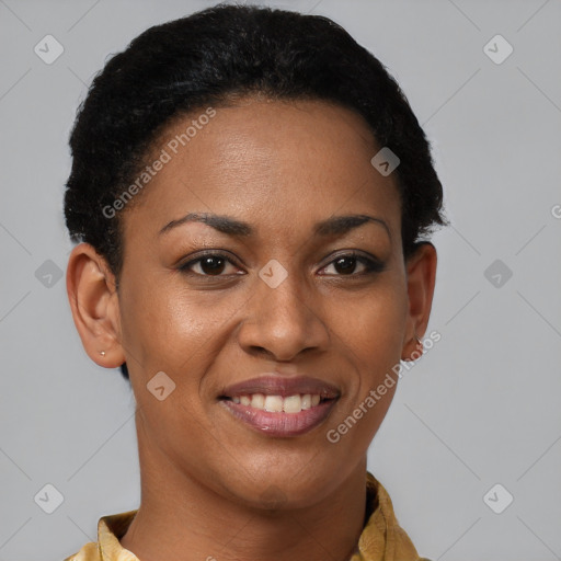 Joyful black young-adult female with short  brown hair and brown eyes