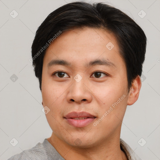 Neutral asian young-adult male with short  black hair and brown eyes