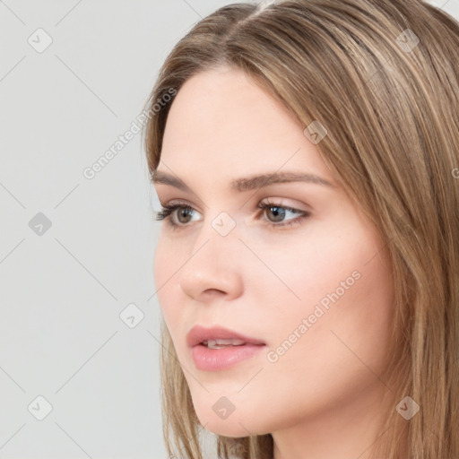 Neutral white young-adult female with long  brown hair and grey eyes