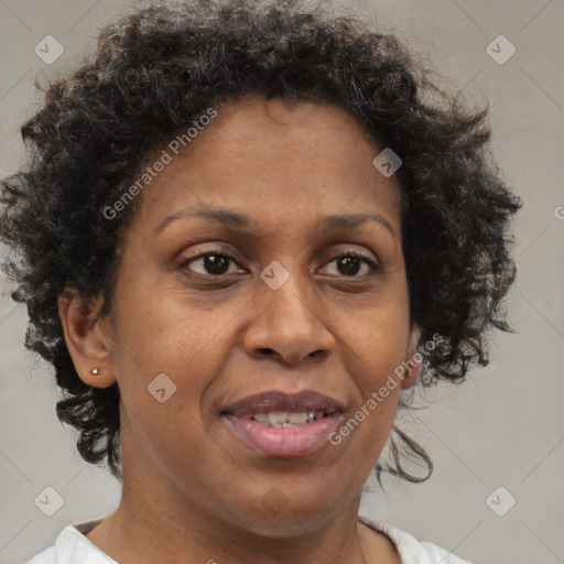 Joyful black adult female with short  brown hair and brown eyes