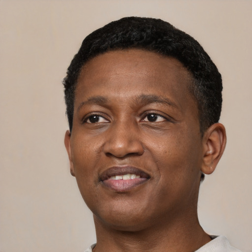 Joyful black young-adult male with short  black hair and brown eyes