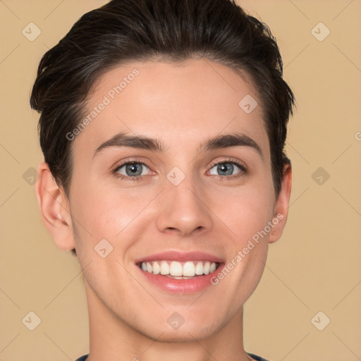 Joyful white young-adult female with short  brown hair and brown eyes