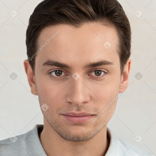 Neutral white young-adult male with short  brown hair and grey eyes