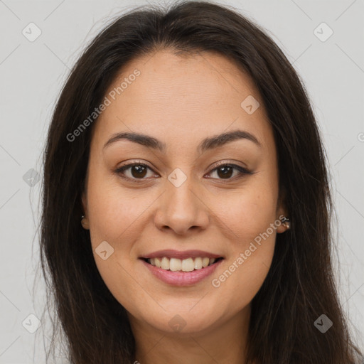 Joyful white young-adult female with long  brown hair and brown eyes