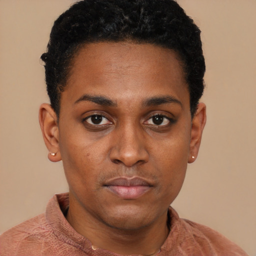 Neutral latino young-adult female with short  black hair and brown eyes