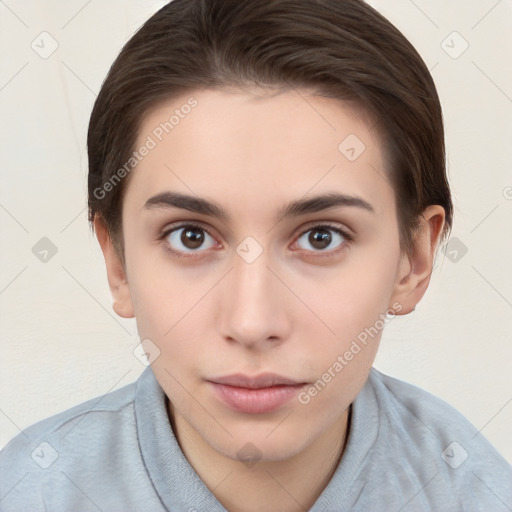 Neutral white young-adult female with short  brown hair and brown eyes