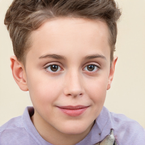 Joyful white child female with short  brown hair and brown eyes