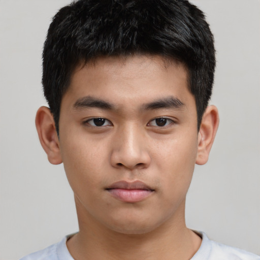Neutral asian young-adult male with short  brown hair and brown eyes