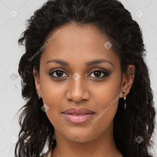 Joyful black young-adult female with long  brown hair and brown eyes