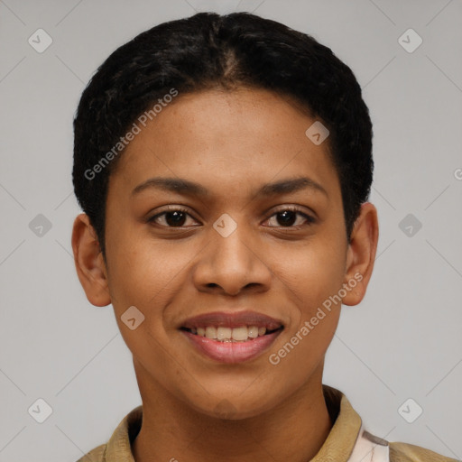 Joyful latino young-adult female with short  brown hair and brown eyes