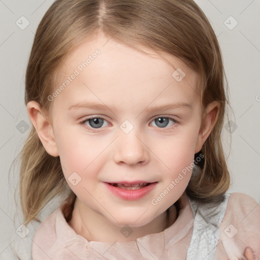 Joyful white child female with medium  brown hair and blue eyes