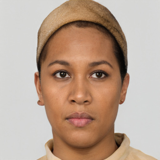 Neutral latino young-adult female with short  brown hair and brown eyes