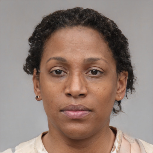 Neutral black adult female with short  brown hair and brown eyes