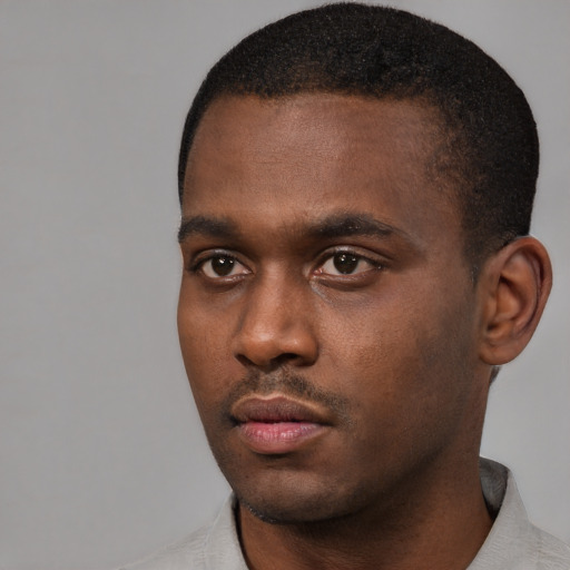 Neutral black young-adult male with short  black hair and brown eyes