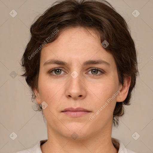 Neutral white young-adult female with medium  brown hair and brown eyes