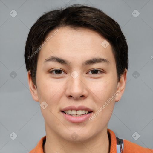 Joyful white young-adult female with short  brown hair and brown eyes