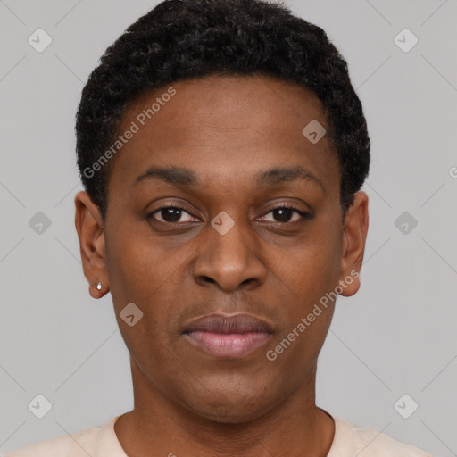 Neutral black young-adult male with short  black hair and brown eyes