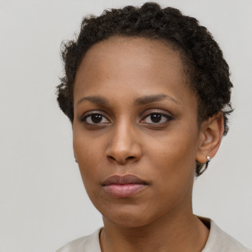 Neutral black young-adult female with short  brown hair and brown eyes