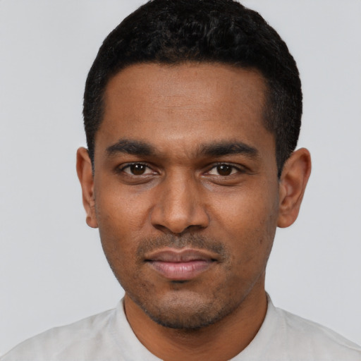 Neutral latino young-adult male with short  black hair and brown eyes
