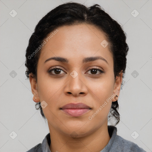 Joyful asian young-adult female with short  black hair and brown eyes