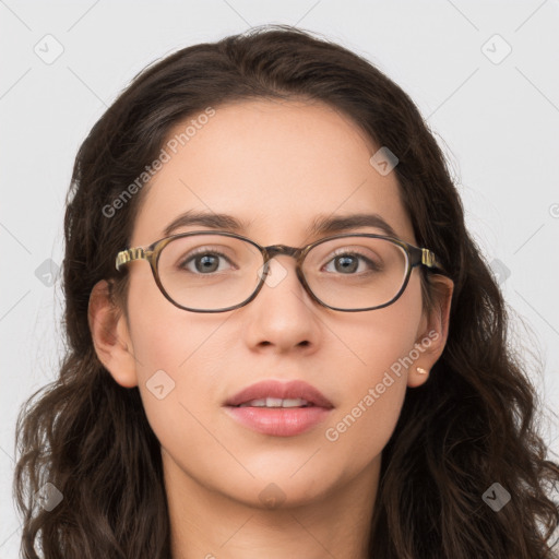 Neutral white young-adult female with long  brown hair and grey eyes