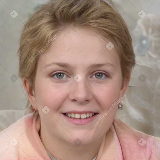 Joyful white young-adult female with medium  brown hair and blue eyes