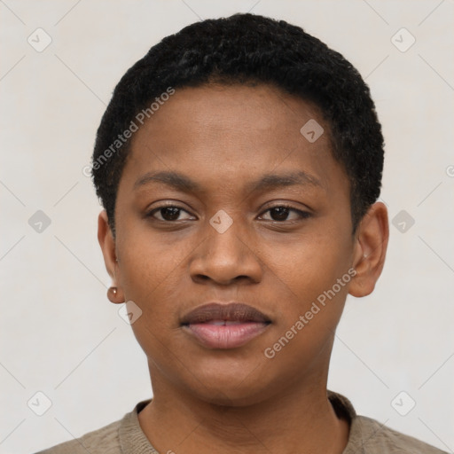 Neutral black young-adult female with short  black hair and brown eyes