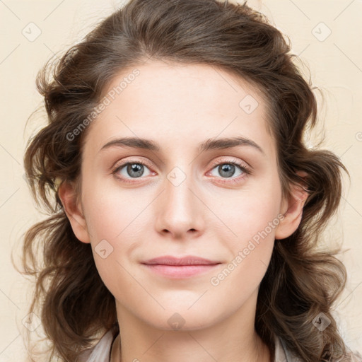 Joyful white young-adult female with medium  brown hair and blue eyes