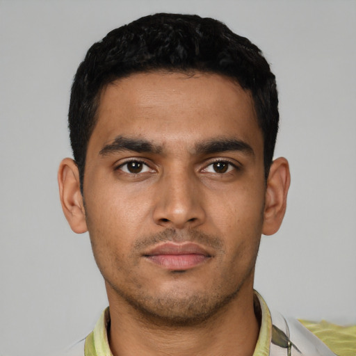 Neutral latino young-adult male with short  black hair and brown eyes