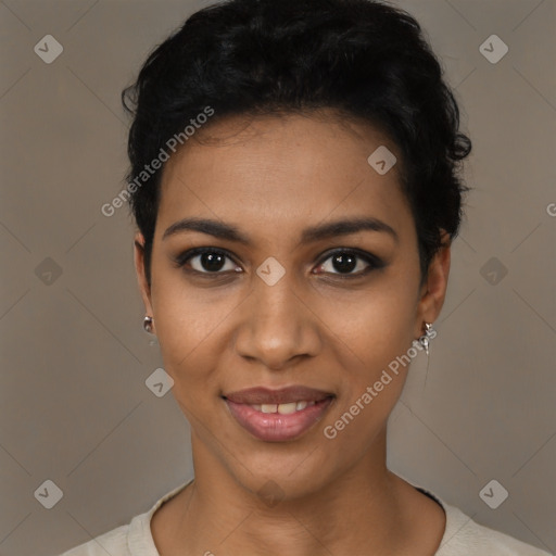 Joyful black young-adult female with short  black hair and brown eyes