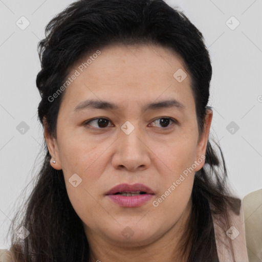 Joyful white young-adult female with short  black hair and brown eyes