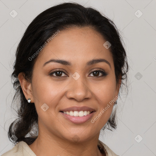 Joyful latino young-adult female with medium  brown hair and brown eyes