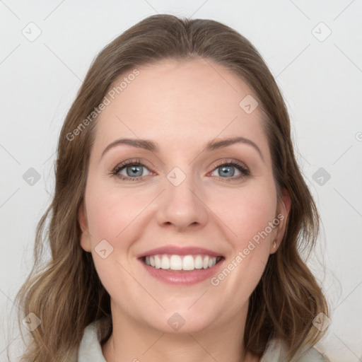 Joyful white young-adult female with medium  brown hair and blue eyes