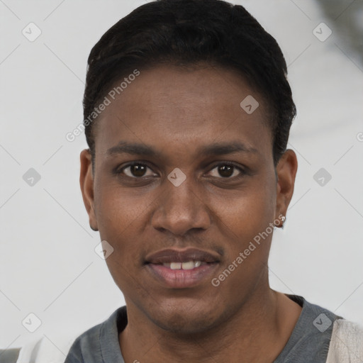 Joyful black young-adult male with short  black hair and brown eyes