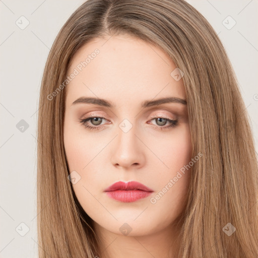 Neutral white young-adult female with long  brown hair and brown eyes