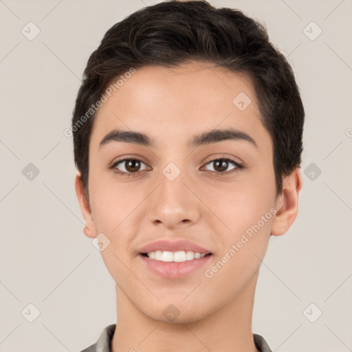 Joyful white young-adult male with short  brown hair and brown eyes