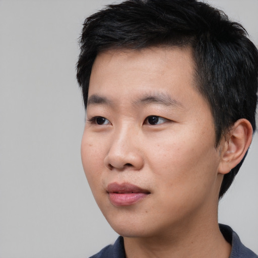 Neutral asian young-adult male with short  black hair and brown eyes