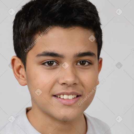 Joyful white child male with short  brown hair and brown eyes